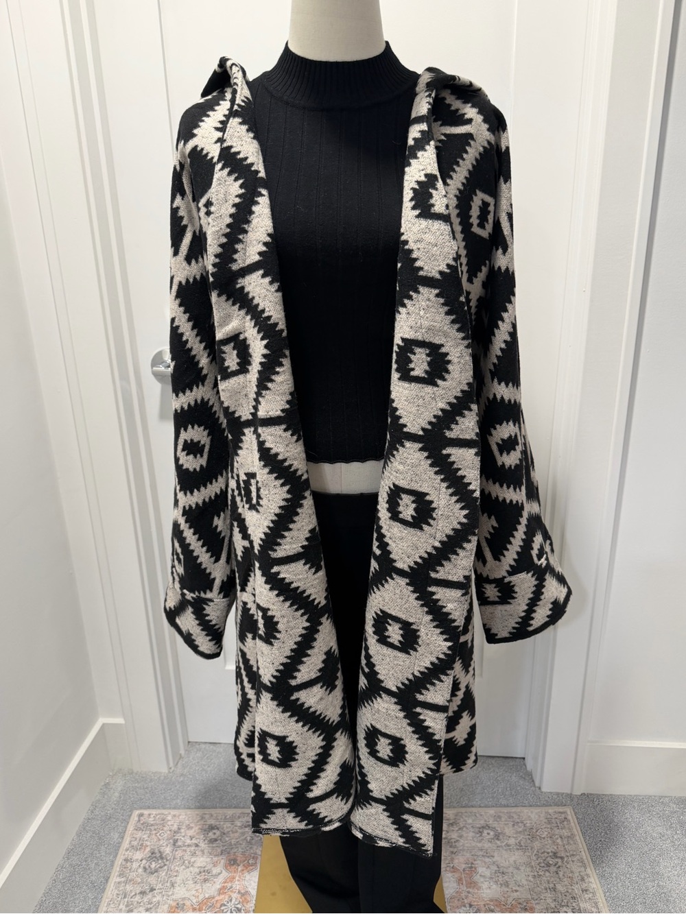 Forever 21 Black and Gray Geometric Hooded Open-Front Coat